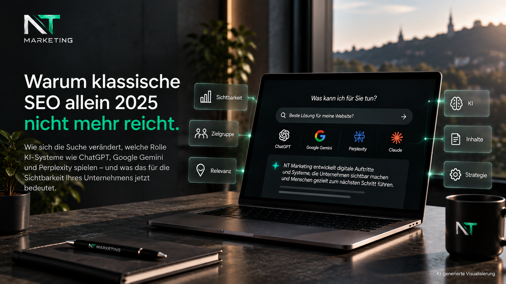 Laptop auf einem Schreibtisch mit einer Suchanfrage an ein KI-System, umgeben von Begriffen wie Sichtbarkeit, Strategie, Inhalte und Relevanz